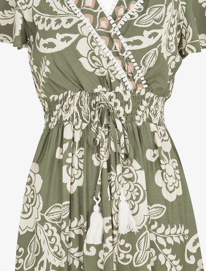 Robe longue fleurie à manches courtes - Vert - 3