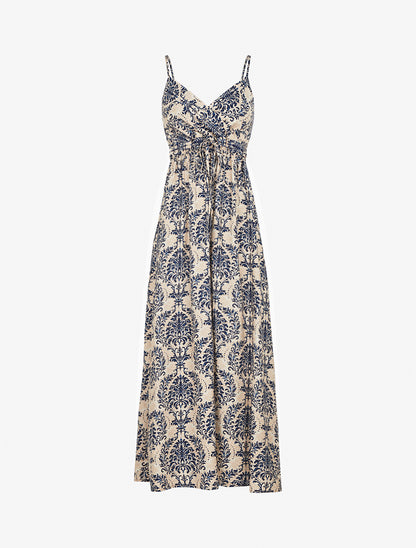 Robe longue à fines bretelles imprimé floral arabesque - Marine - 1