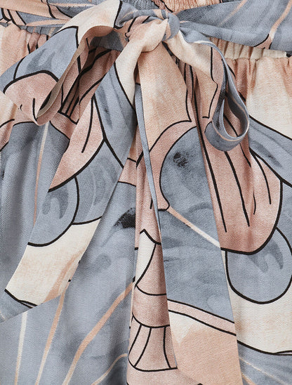 Pantalon imprimé éventails à taille haute élastiquée - Gris - 3