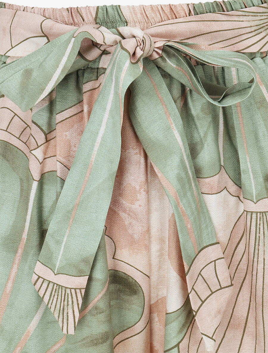 Pantalon imprimé éventails à taille haute élastiquée - Vert - 3