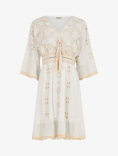Robe bohème à dentelle fleurie - Blanc/beige - 4