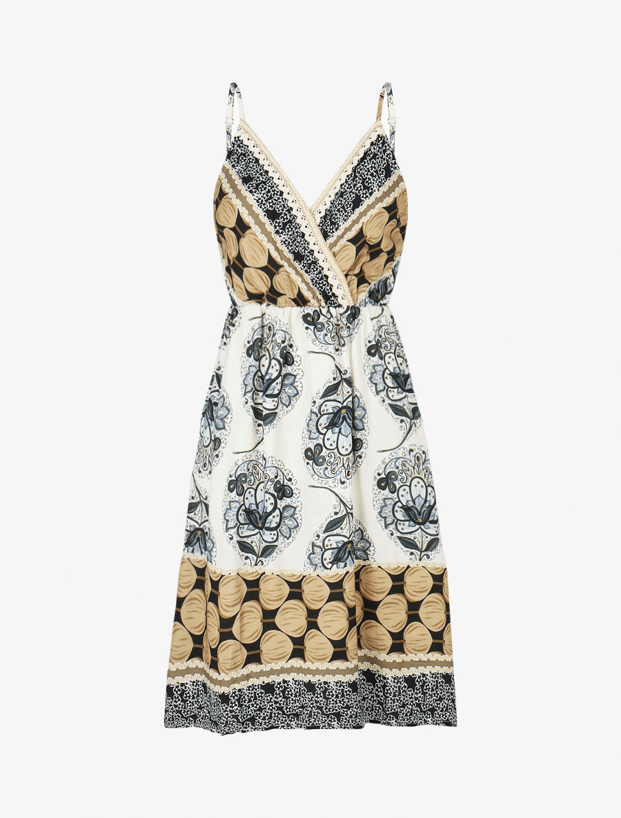 Robe mi-longue à bretelles imprimé arabesque - Noir - 1