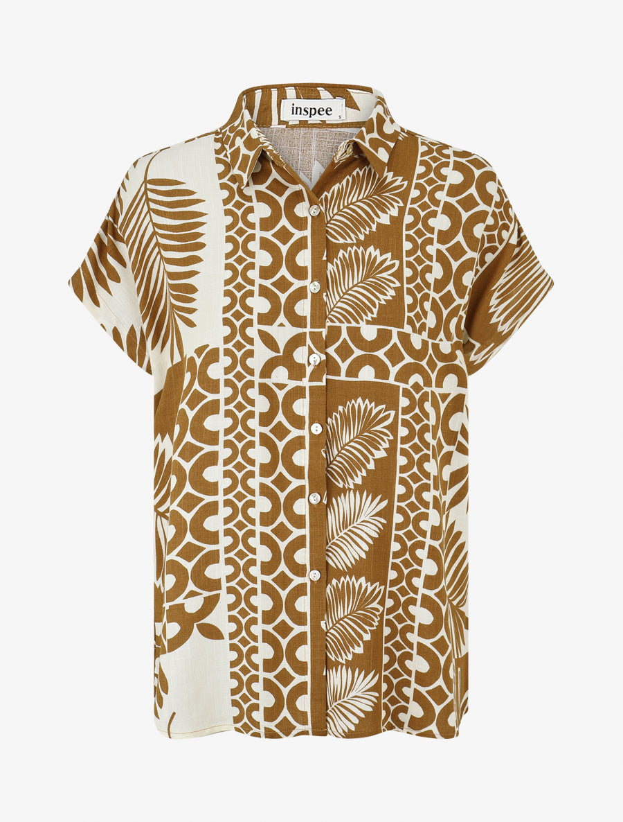 Chemise ample manches courtes imprimé tropical - Marron - 1