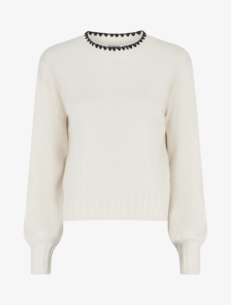 Pull droit à col rond brodé - Blanc - 1