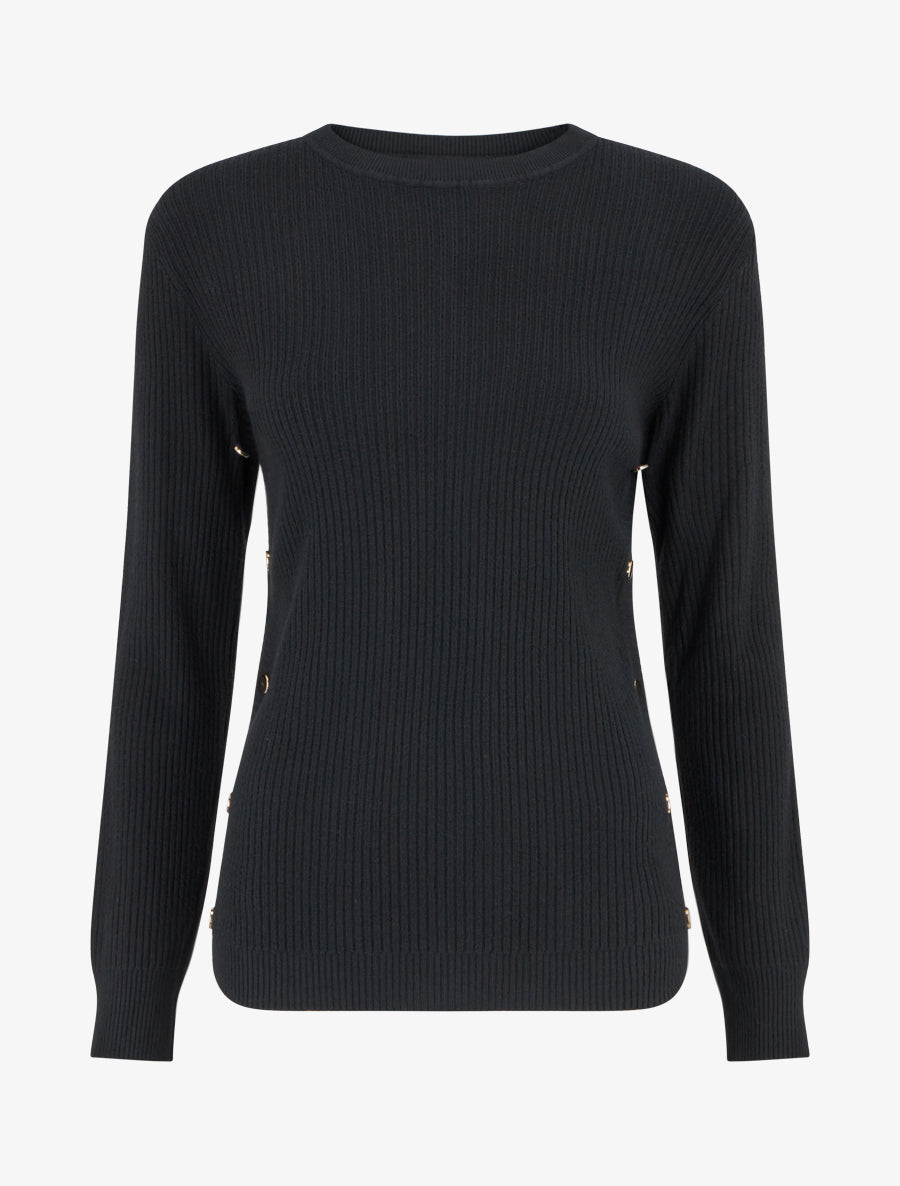 Pull droit côtelé à boutons décoratifs - Noir - 1