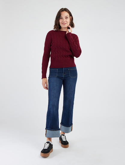Rechte trui van gevlochten breiwerk - Wijnrood