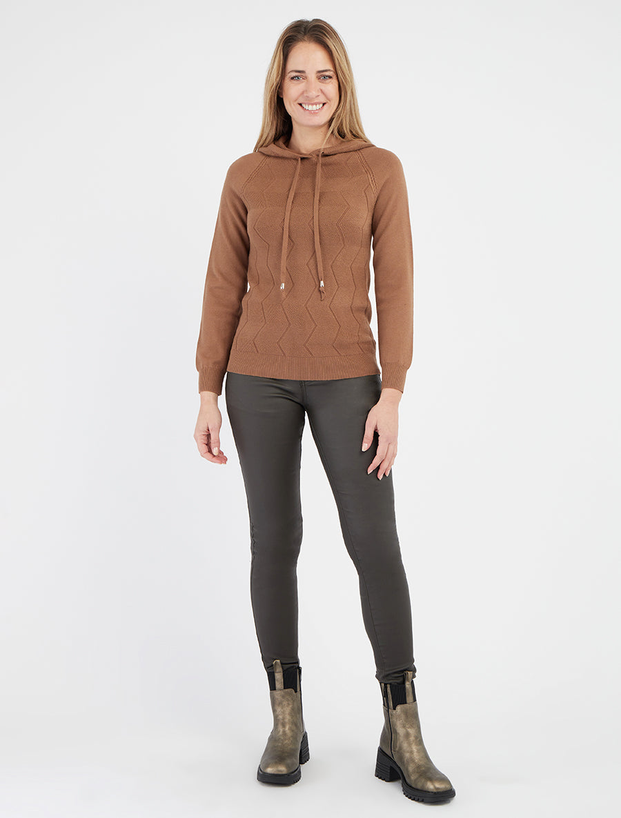 Gebreide zigzag-hoodie - Kameel