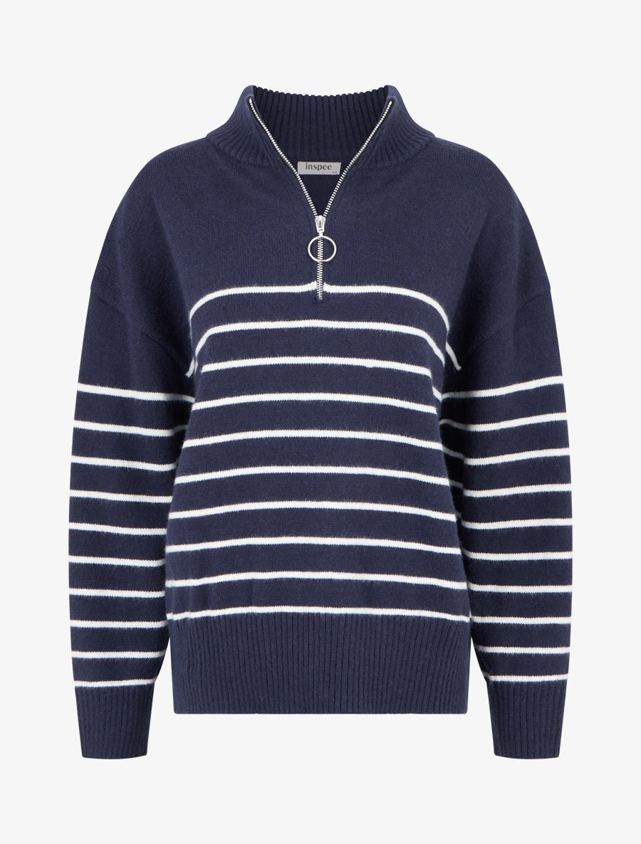 Pull rayé à col zippé - Marine - 1