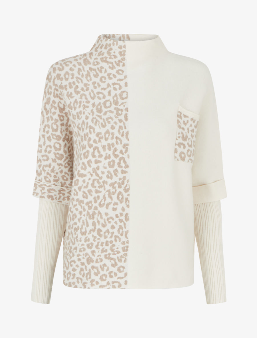 Pull ample à col montant imprimé léopard - Écru - 1