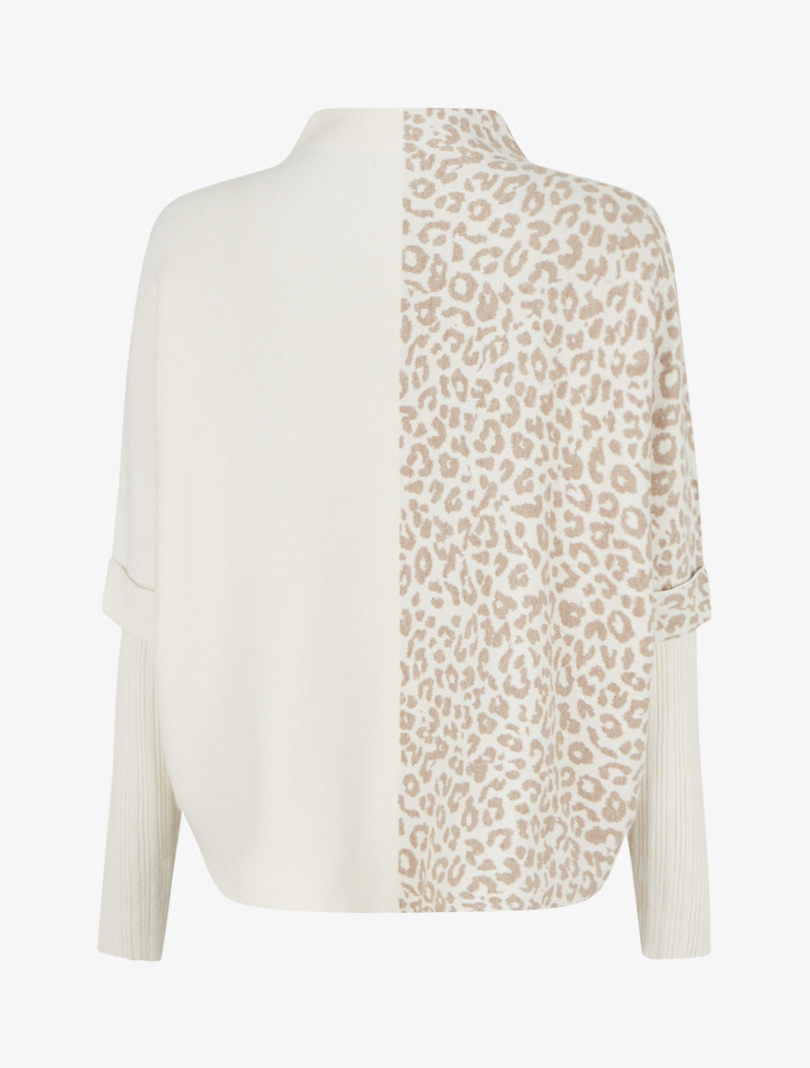 Pull ample à col montant imprimé léopard - Écru - 2