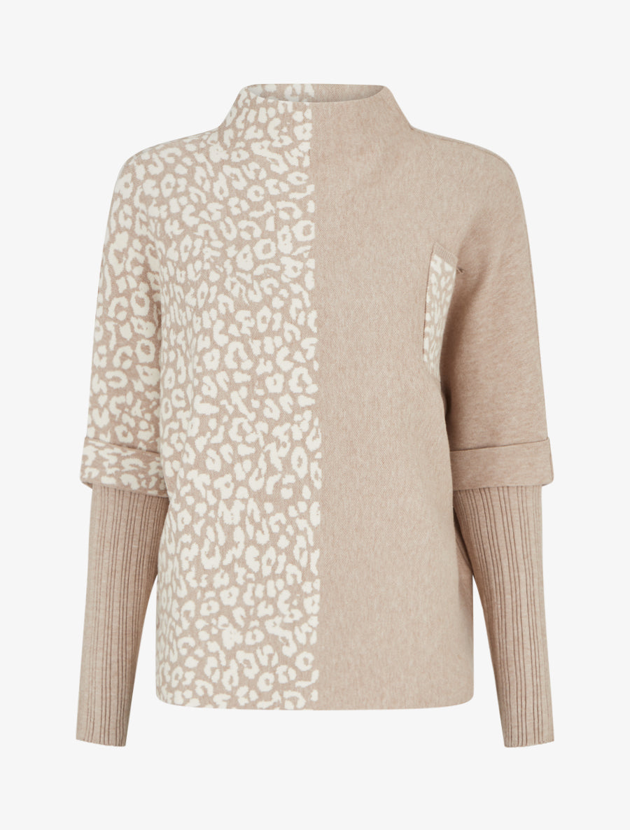 Pull ample à col montant imprimé léopard - Taupe clair - 1
