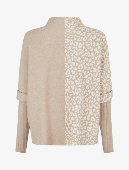 Pull ample à col montant imprimé léopard - Taupe clair - 2