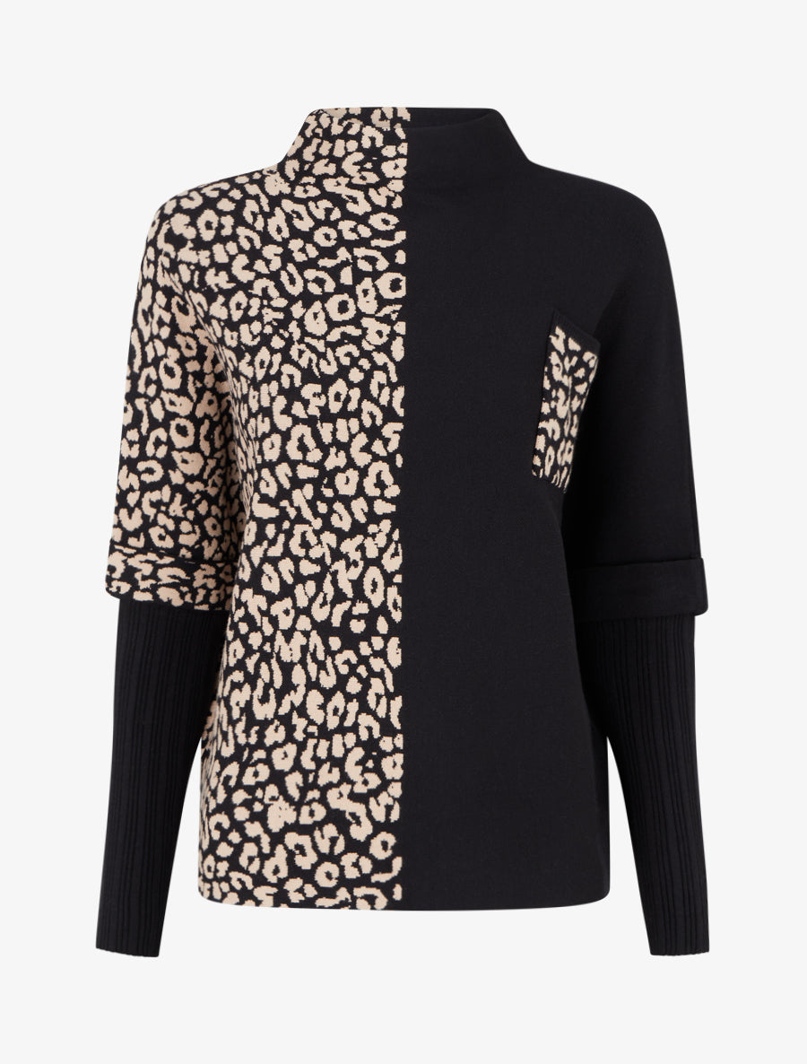 Pull ample à col montant imprimé léopard - Noir - 1