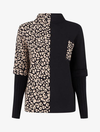 Pull ample à col montant imprimé léopard - Noir - 1