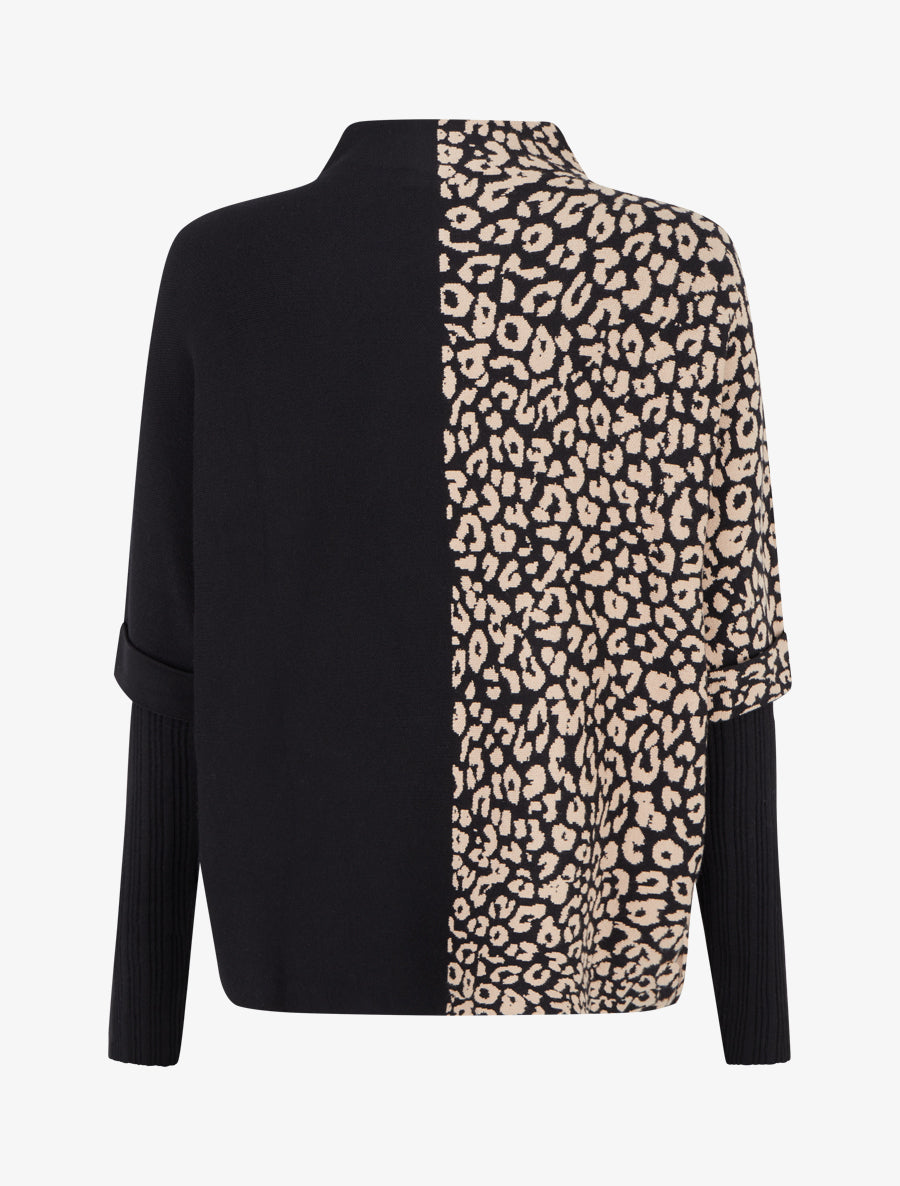 Pull ample à col montant imprimé léopard - Noir - 2