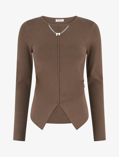 Pull asymétrique à empiècement bijou M - Marron - 1