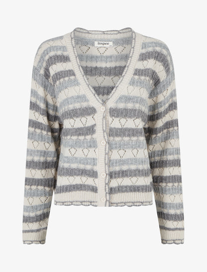 Gilet rayé en maille fantaisie à col V - Gris - 1