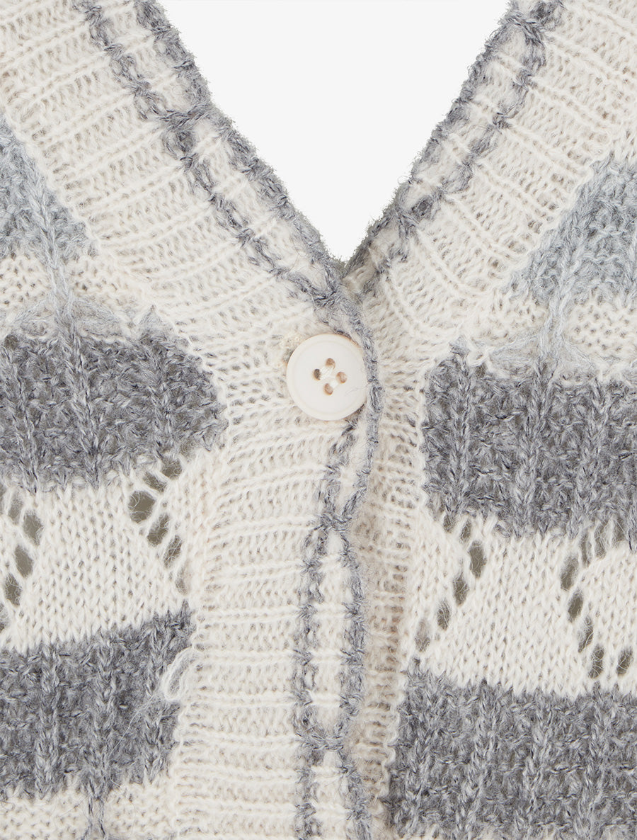 Gilet rayé en maille fantaisie à col V - Gris - 3