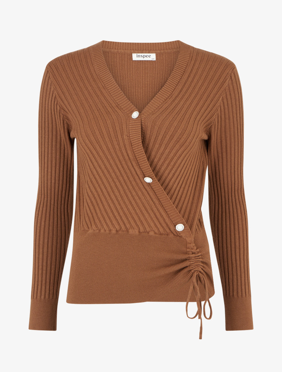 Pull à col V et boutons décoratifs strassés - Camel - 1