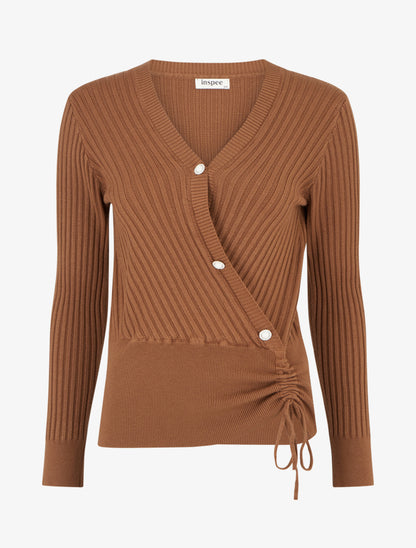 Pull à col V et boutons décoratifs strassés - Camel - 1