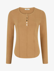 Pull côtelé à col rond boutonné - Camel - 1