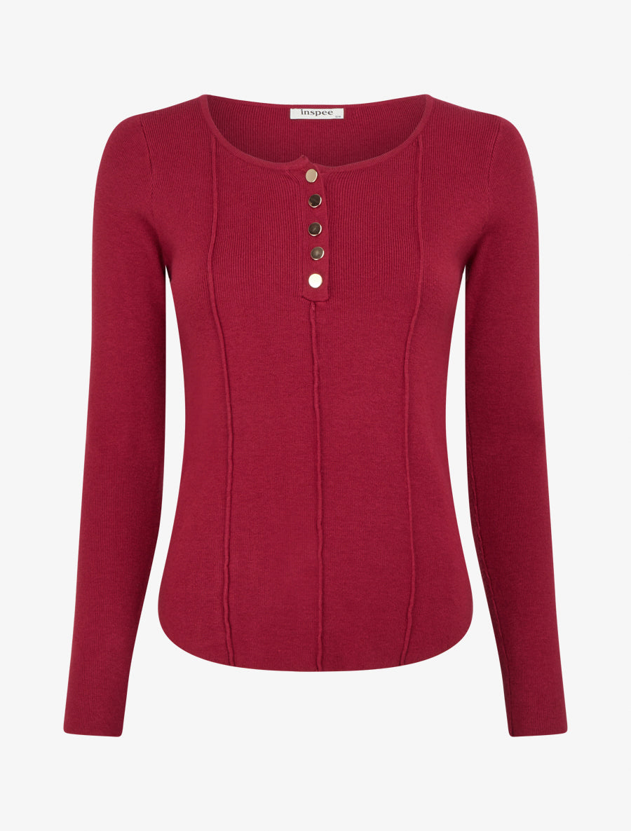 Pull côtelé à col rond boutonné - Bordeaux - 1