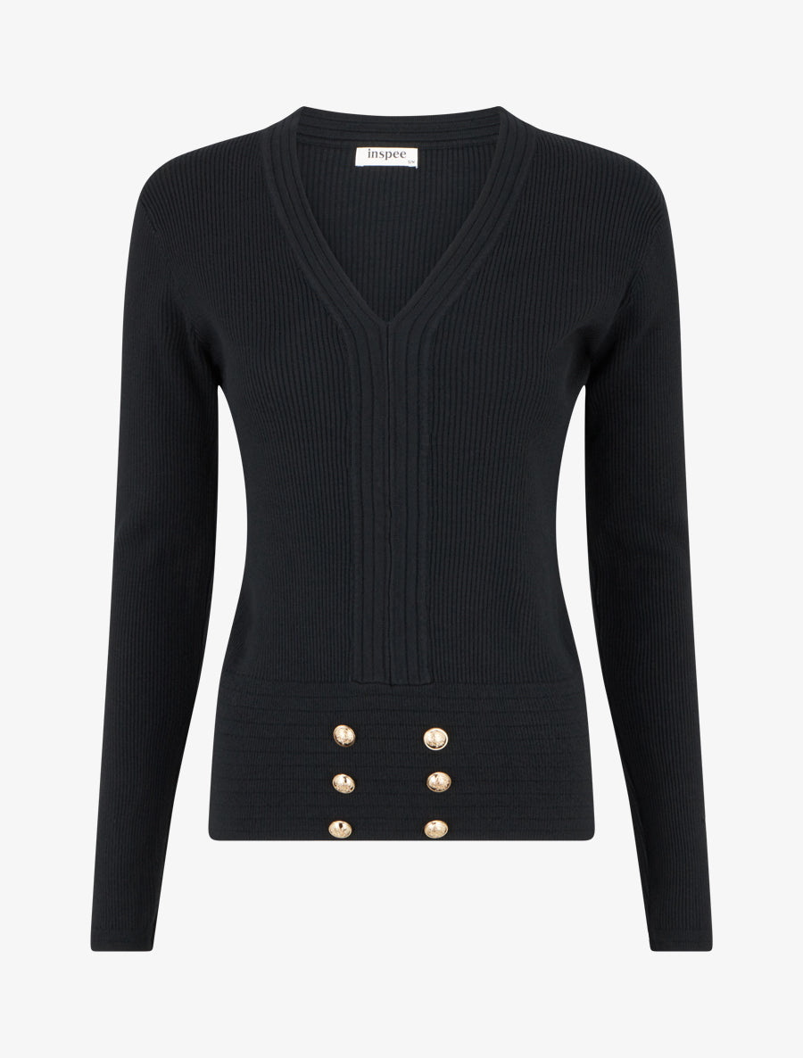Pull à col V et boutons décoratifs - Noir - 1