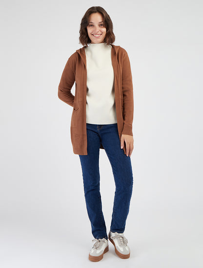 Effen lang vest met capuchon - Kameel