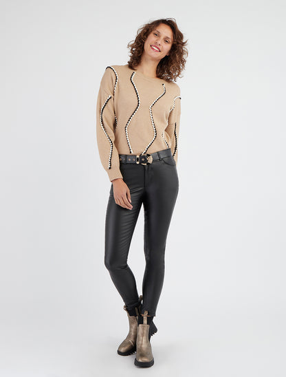 Rechte trui met iriserende vlechten - Beige