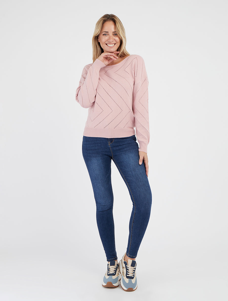 Effen opengewerkt trui met ronde hals - Roos