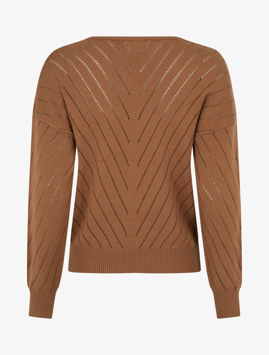 Pull uni ajouré à col V - Camel - 2