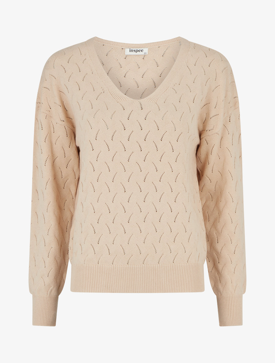 Pull uni à col V et détail ajouré - Beige - 1
