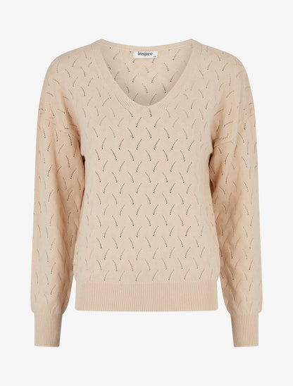 Pull uni à col V et détail ajouré - Beige - 1
