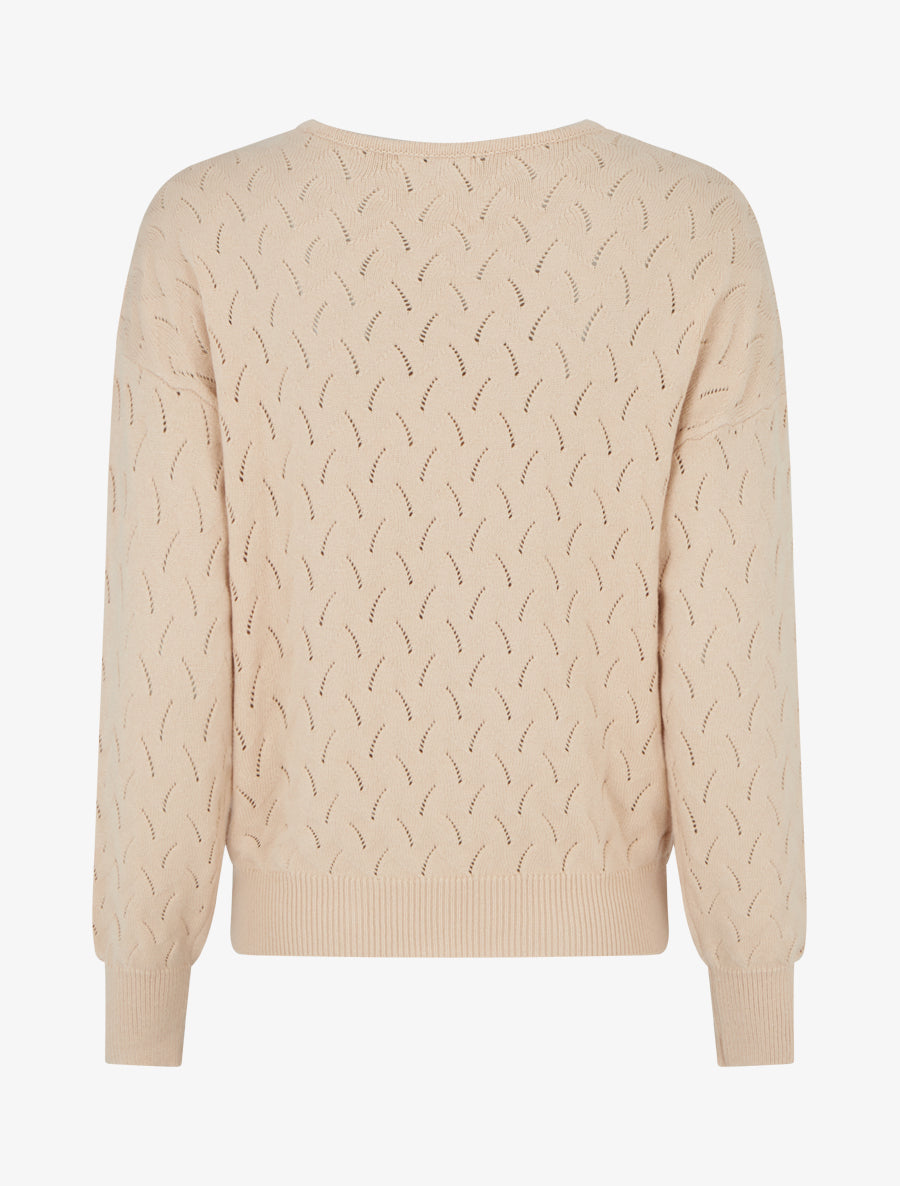 Pull uni à col V et détail ajouré - Beige - 2
