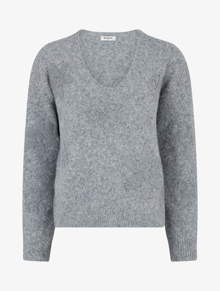 Pull duveteux à fleurs brodées - Gris - 1