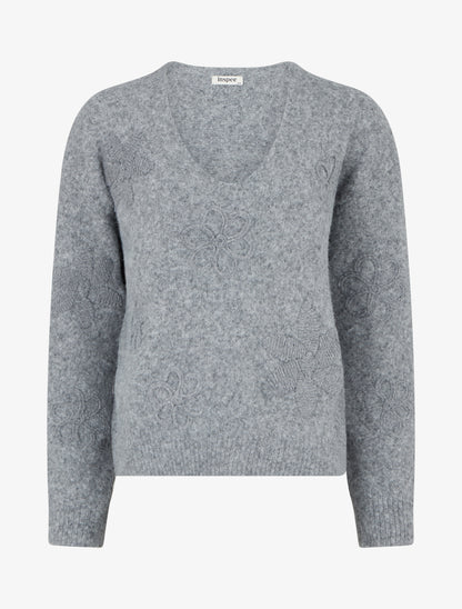 Pull duveteux à fleurs brodées - Gris - 1