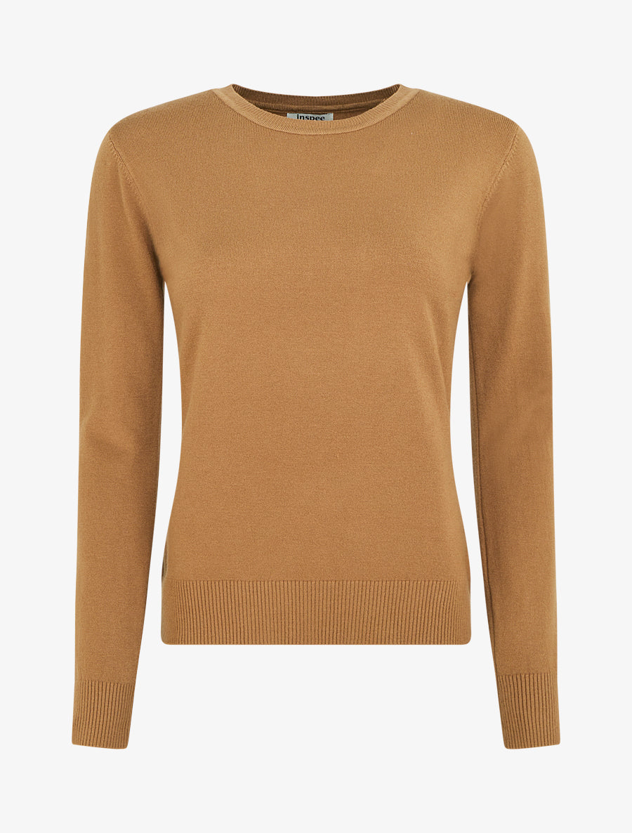 Pull fin uni à col rond - Camel - 1
