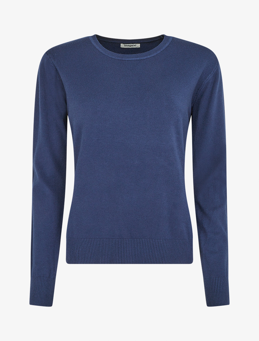 Pull fin uni à col rond - Marine - 1