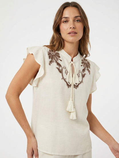 Geborduurd topje met ruches mouwtjes - Crème