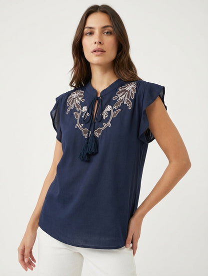 Geborduurd topje met ruches mouwtjes - Marine