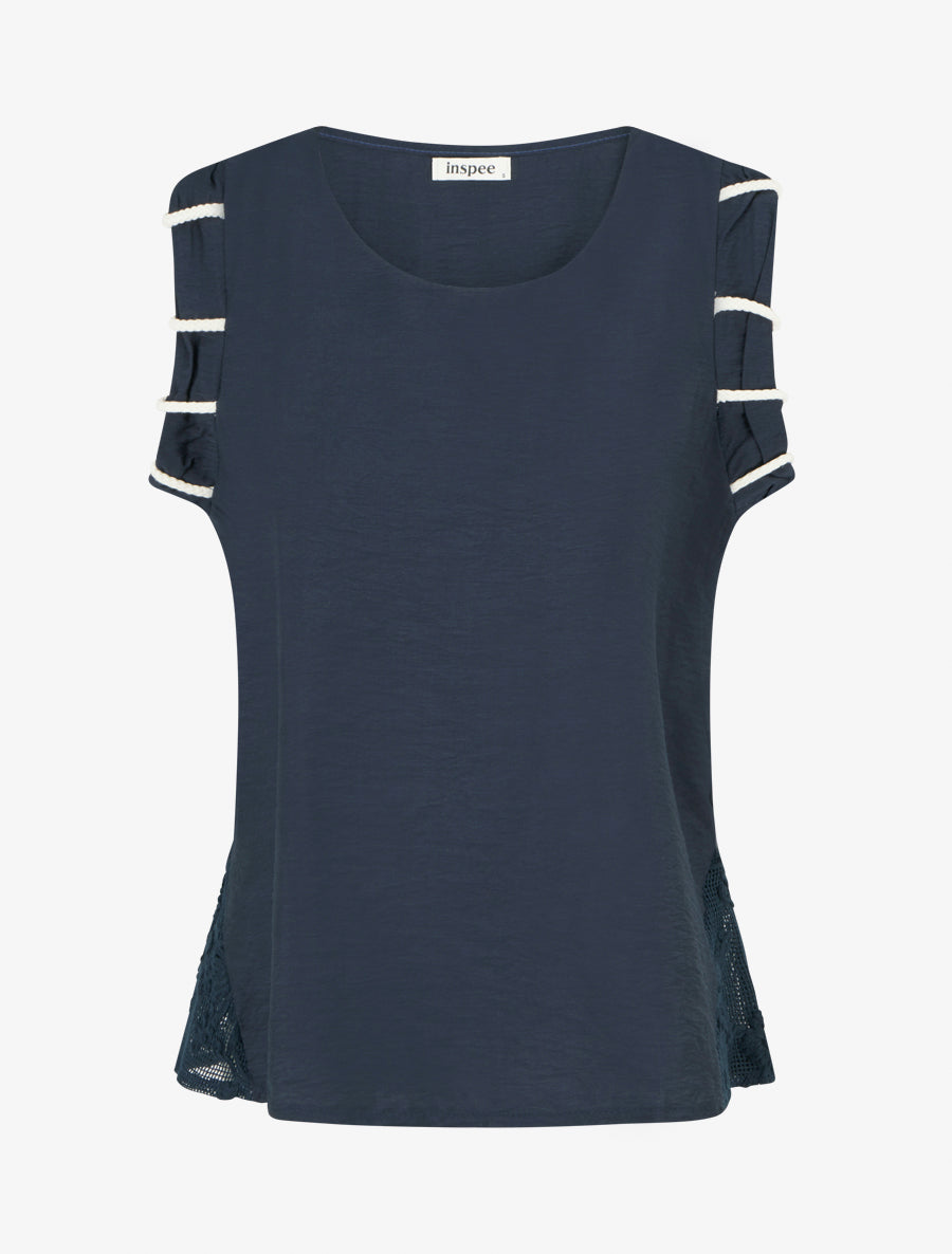 Top uni à détail effet cordes et broderies ajourés - Marine - 1