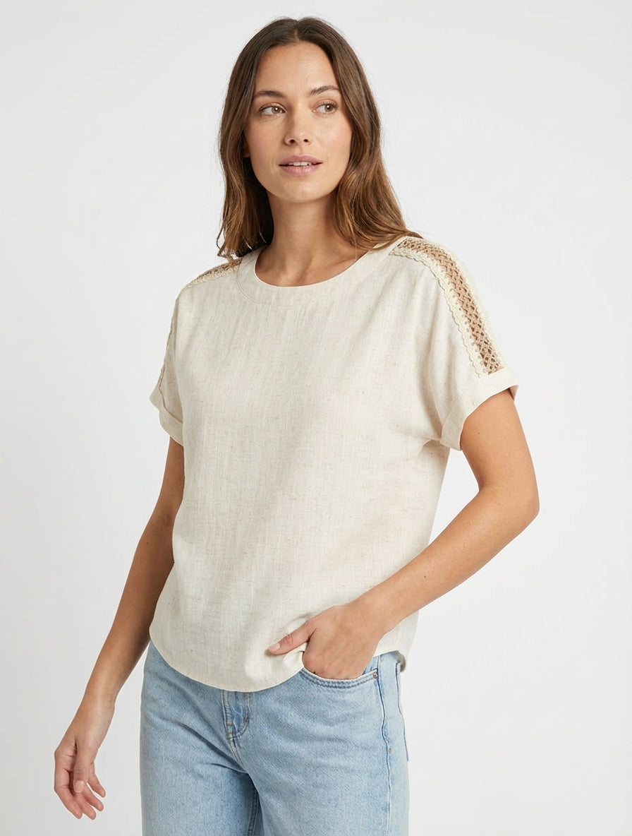 Top met korte mouwen en opengewerkte borduursels - Crème