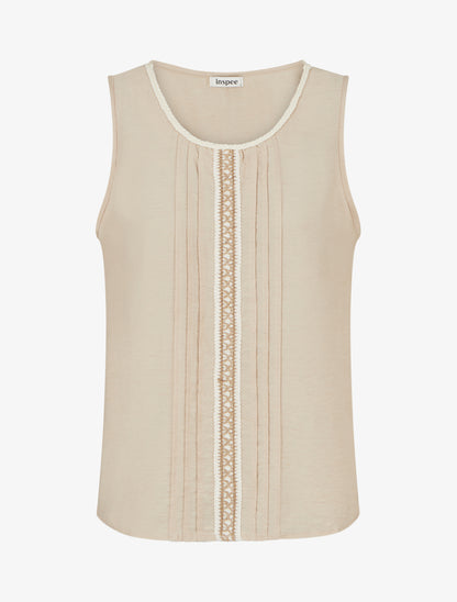Top sans manches à col rond et broderie - Beige - 1