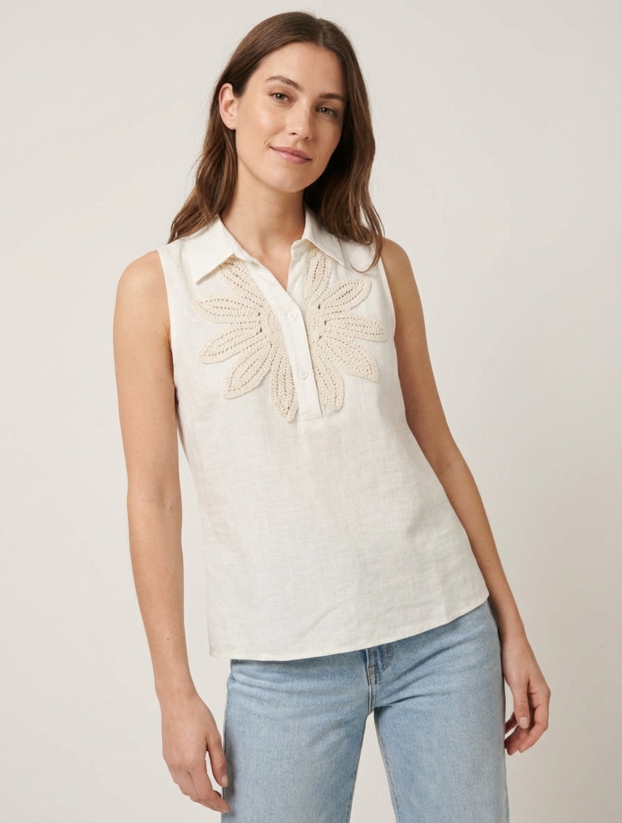 Mouwloze blouse met bloemenborduursel - Ecru