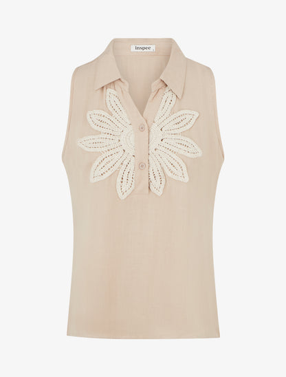 Chemisier sans manches à broderie floral - Beige - 1