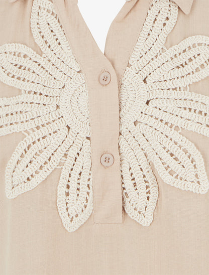 Chemisier sans manches à broderie floral - Beige - 3