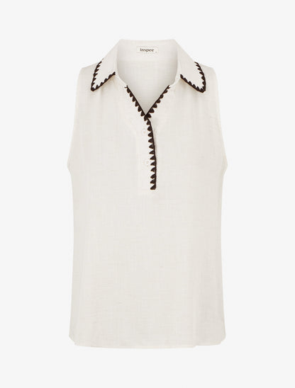 Chemisier sans manches à col brodé - Écru - 1