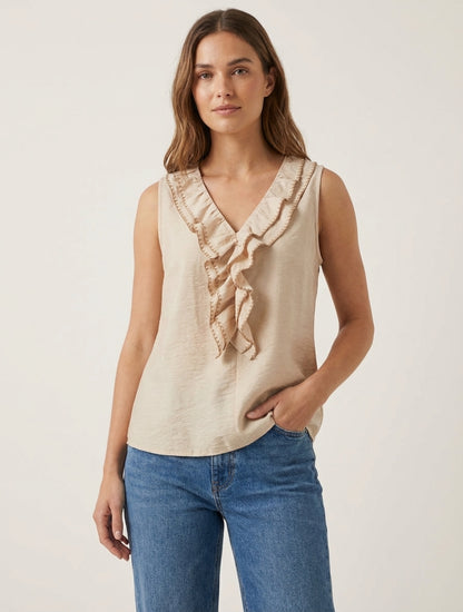 Mouwloze top met volantkraag en V-hals - Beige