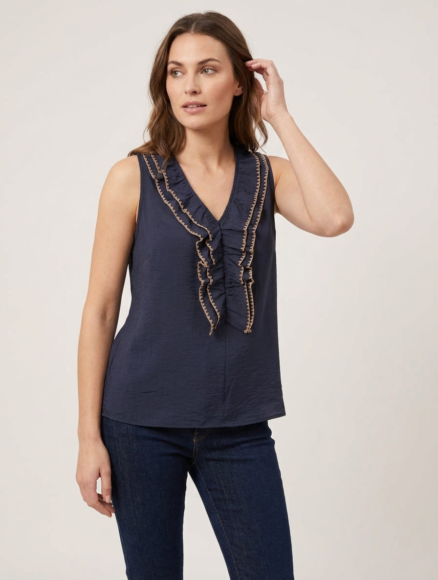 Mouwloze top met volantkraag en V-hals - Marine