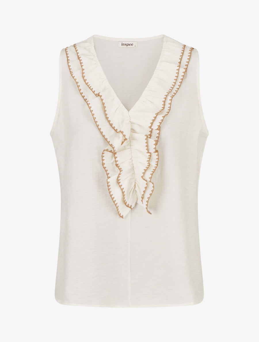 Top sans manches à col V volanté - Écru - 1